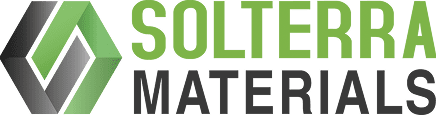 Solterra Materials logo featuring a green, black, and gray geometric hexagon next to the company name in green and black text.