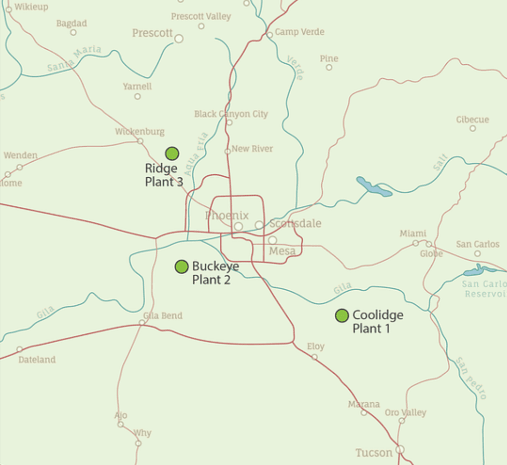 Map of the Phoenix, Arizona area showing locations of three plants: Ridge Plant 3, Buckeye Plant 2, and Coolidge Plant 1.